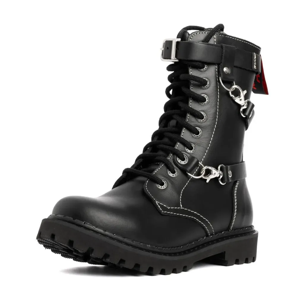Angry Itch 10-Loch 3-Straps Leder Stiefel Schwarz