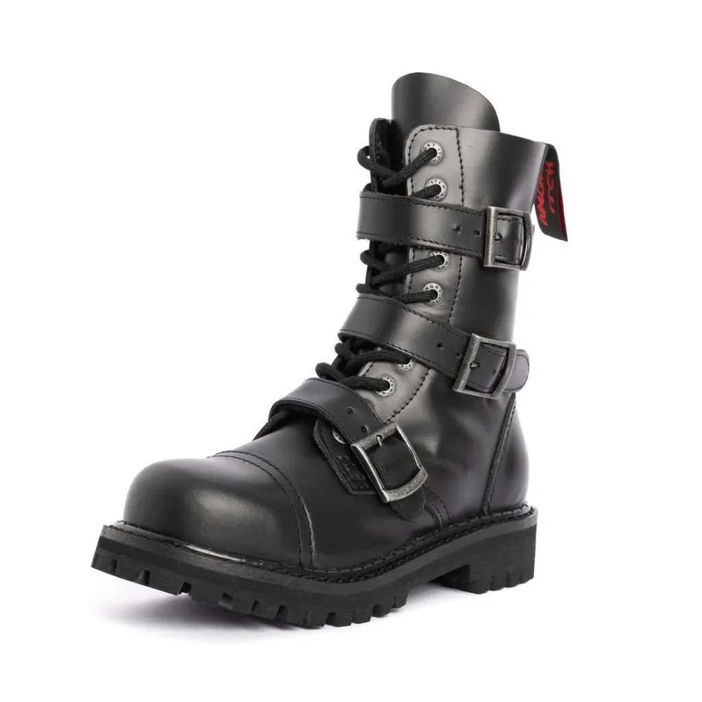 Angry Itch 10-Loch 3-Buckle Leder Stiefel Schwarz