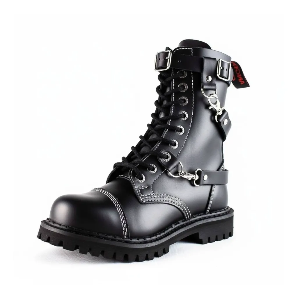 Angry Itch 10-Loch 3-Straps Leder Stiefel Schwarz