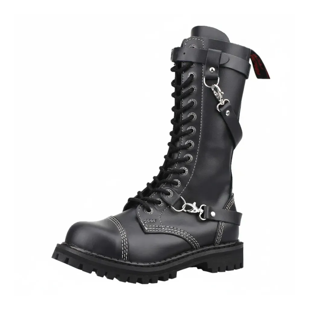 Angry Itch 14-Loch 3-Straps Leder Stiefel Schwarz