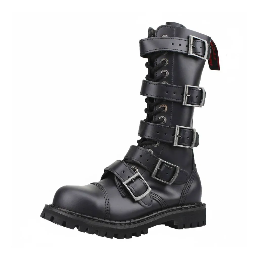 Angry Itch 14-Loch 5-Buckle Leder Stiefel Schwarz