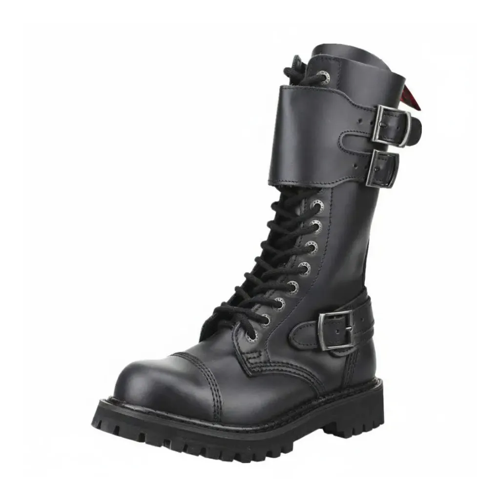 Angry Itch 14-Loch Front-Plate Leder Stiefel Schwarz